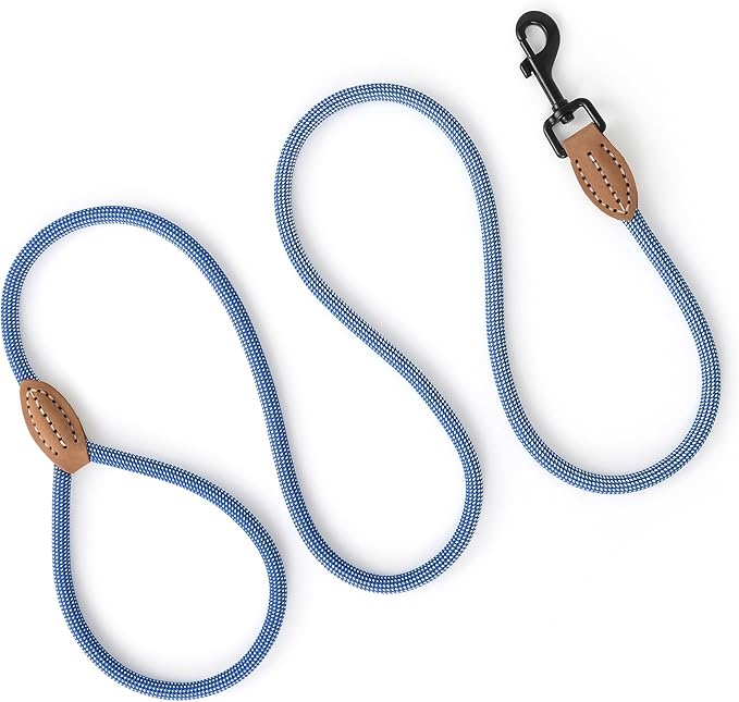 Mile High Life Small Dog Leash, Thin Rope Leash with Genuine Leather Connection and Heavy Duty Metal Clasp, Great for Small Medium Dogs(Blue White,72 Inch-1/3)