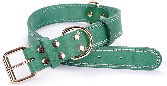 Genuine Leather Dog Collar, Heavy Duty Wide Dog Collar for Small, Medium, Large and Extra Large Dog (S: 0.8" Wide for 13.4"-15.8" Neck, Dual Stitch - Green)