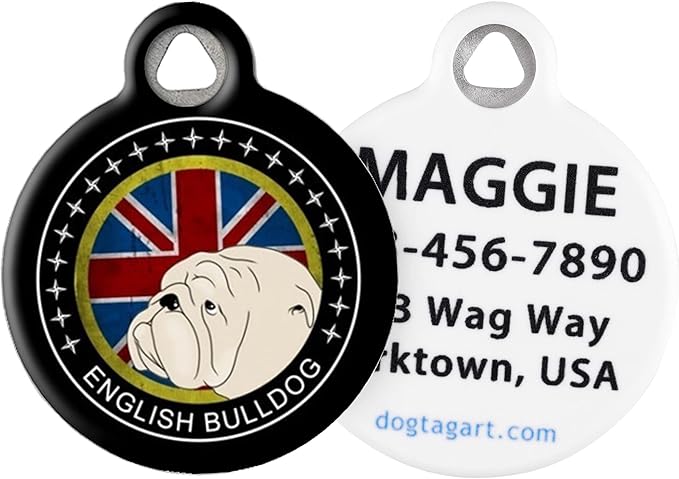 Dog Tag Art English Bulldog with Union Jack Personalized Pet ID Tags for Dogs, Silent Dog Tag with Customized Identification Information - Small .875" Diameter