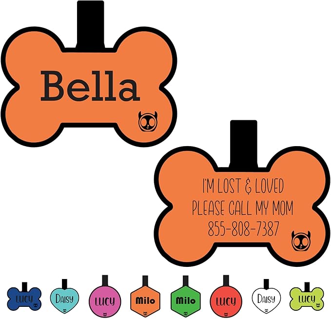Silicone Silent Dog Tag Personalized with 5 Lines of Custom Deep Engraved Durable Soundless Pet ID Name Tag Bone Orange