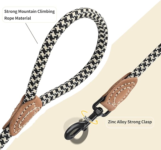 Mile High Life Rope Leash with Genuine Leather Connection, 6 FT/5 FT/4 FT, Heavy Duty Leash for Medium & Large Dogs (Black Khaki, 48 Inch)