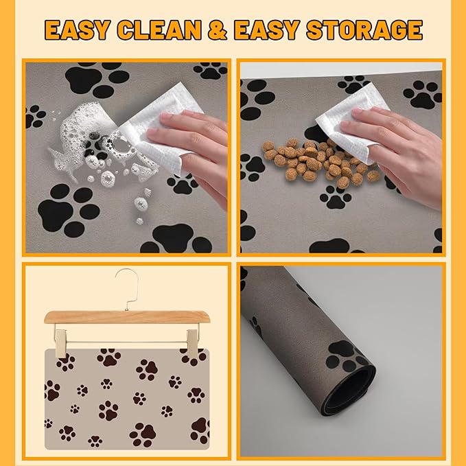 18"×30" Dog Food Mat-Absorbent Dog Mat for Food and Water, No Stains Quick Dry Cat Food Bowl Mat with Footprints for Messy Drinkers,Brown