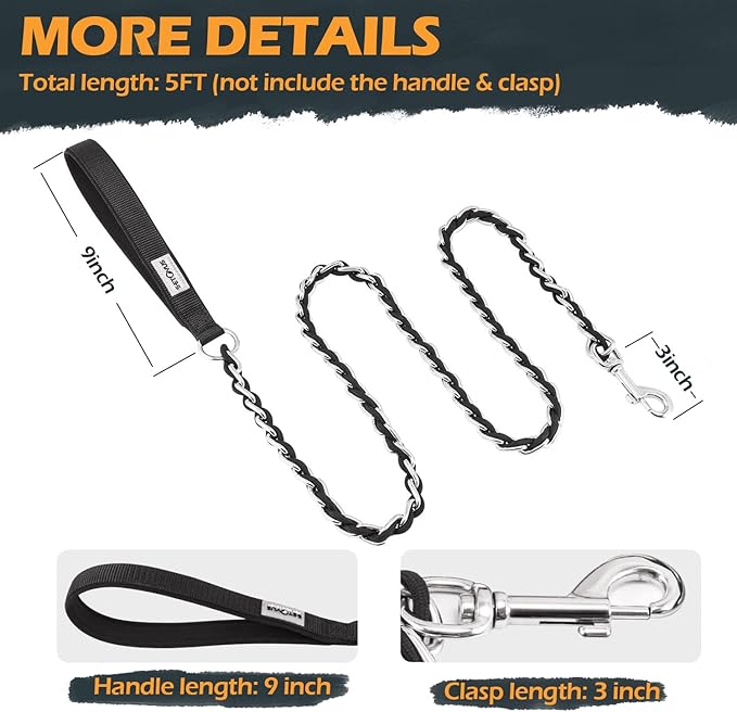 Chain Dog Leash Chew Proof Metal Leash for Medium Large Dogs, Chain Link Dog Anti Chew 5.2FT / 4FT Strong Anti Bite Comfortable Soft Padded Handle (Black, 5FT(30-80lb)