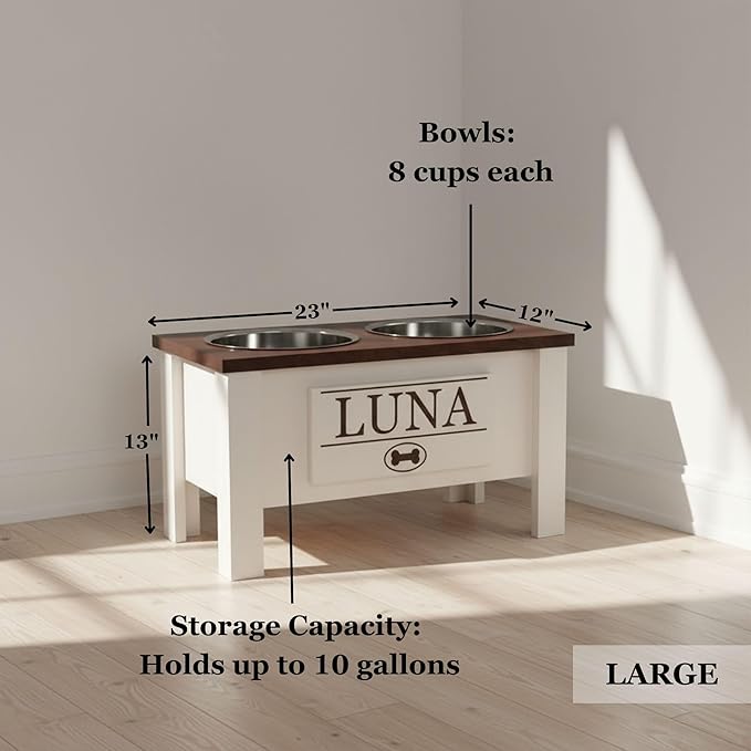 GTW Personalized Elevated Dog Bowl Stand for Large, Medium, Small, X-Small Dogs - Stainless Steel Food and Water Bowls - Raised Dog Dish with Internal Storage (Large, Grey)
