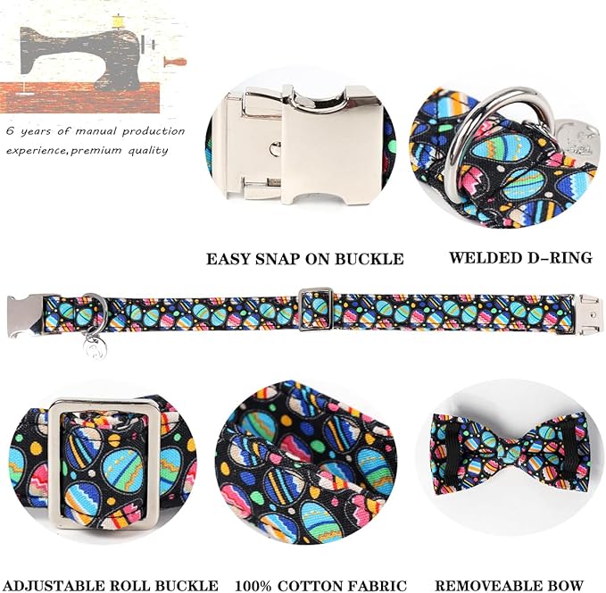 DOGWONG Easter Day Dog Collar-Cute Black Easter Dog Collar with Bow, Cotton Eggs Dog Collars with Metal Buckle for Small Medium Large Dogs
