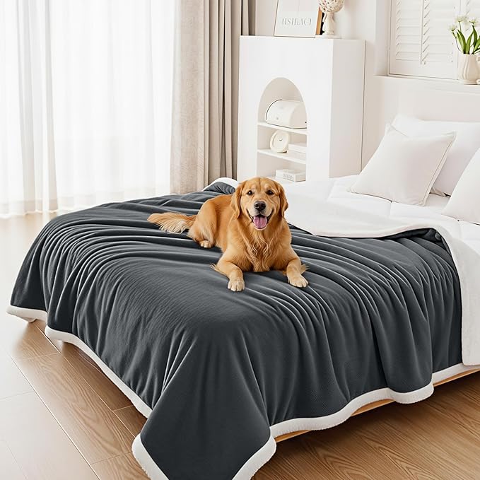 Smiry Waterproof Blanket Throw for Large Dogs, Soft Reversible Dog Blanket for Sofa Couch Bed, Washable Leakproof Sherpa Fleece Furniture Couch Protector(60"x80", Dark Grey/White)