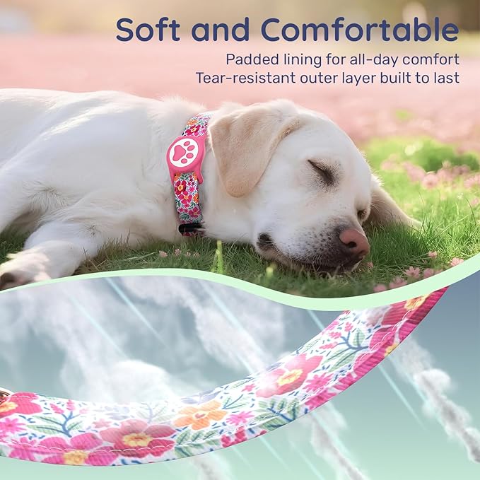WhoseID Airtag Dog Collar,with Waterproof airtag Holder，Original Stylish Cute Pattern Design.QR Code ID Buckle，Comfortable Soft Cotton for Small Medium Large Dogs