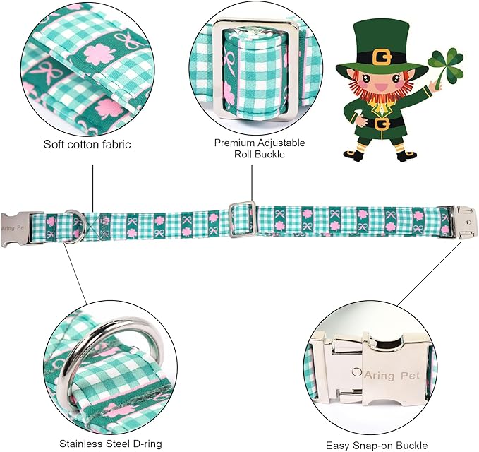 ARING PET St Patrick's Day Dog Collar, Cute Green Pet Shamrock Bowtie Collars with Metal Buckle for Puppy Small Medium Large Boy Girl Dogs-L