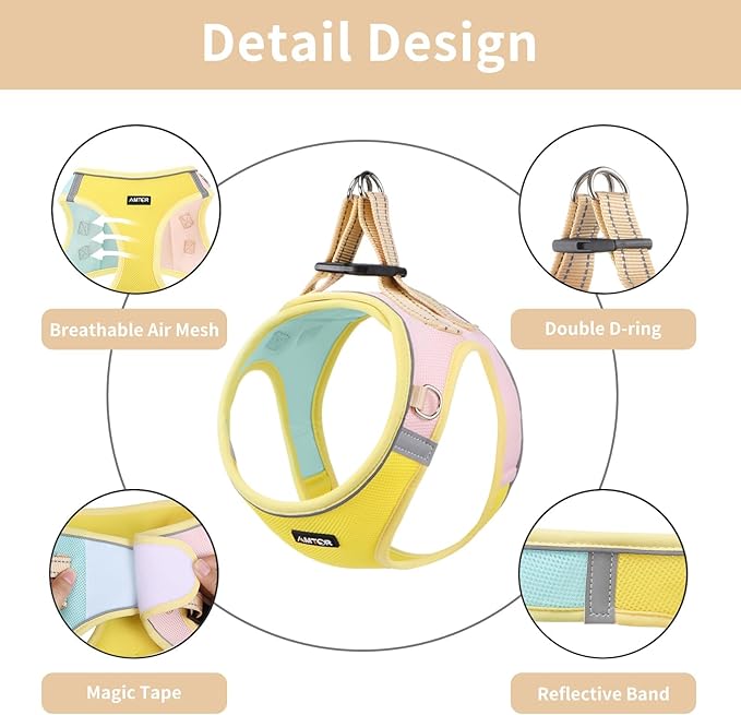AMTOR Small Dog Harness with Leash Set, No Escape Easy Walk Puppy Harnesses for Training Walking, Step-in Reflective Soft Dogs Vest for XS S Medium Extra-Small Large Sized Dog(XL,Yellow)