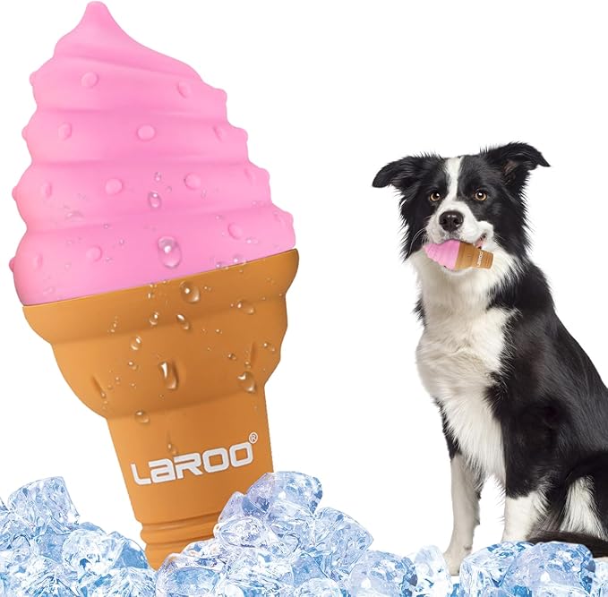 LaRoo Dogs Toys for Summer Cooling, Frozen Dog Toys, Full with Water Frozen, Prevention of Heat Stroke Upgraded Teething Chew Toy (Ice Cream Shape-Purple).