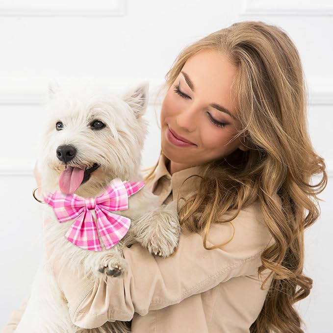 Tunkoo Elegant Pink Plaid Dog Collar with Bow Tie - Durable Adjustable and Stylish Cotton Pet Collar for Girls Small Medium Large, L