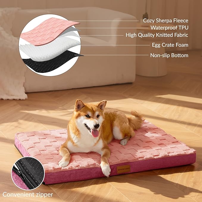 Patas Lague Orthopedic Dog Bed Large Sized Dog 36''X24'', Waterproof Soft Comfortable Egg Crate Foam Large Pet Beds Crate Mat with Removable Washable Cover and Nonskid Bottom, Pink