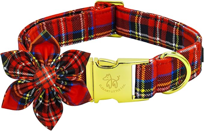 Elegant little tail Christmas Dog Collar, Winter Christmas Plaid Pet Collars Flower Red Metal Buckle Collar Puppy Girl Boy Holiday Cotton Soft Flower Adjustable Dog Collar for Small Dogs