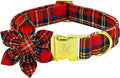 Elegant little tail Christmas Dog Collar, Winter Christmas Plaid Pet Collars Flower Red Metal Buckle Collar Puppy Girl Boy Holiday Cotton Soft Flower Adjustable Dog Collar for Small Dogs