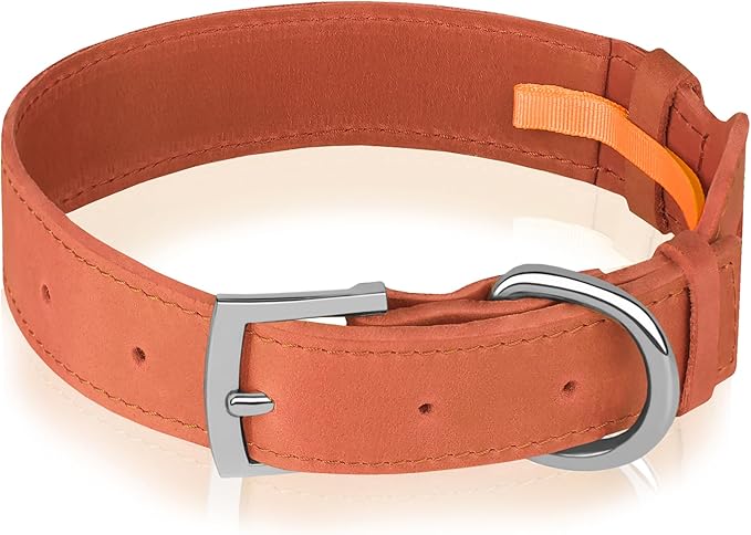 Leather Dog Collar with Airtag Holder - Apple Air Tag Dog Collars - Soft Tracking GPS Pet Collar for Small Medium Large Dogs Breed Puppy (Tawny, XL, 19"-24" Neck Fit)