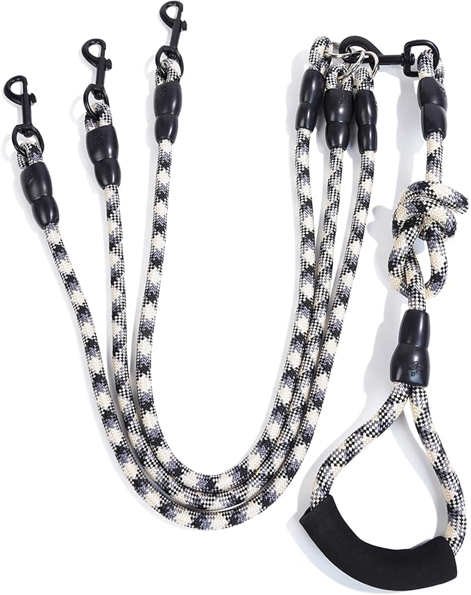 3 Dog Leash - Padded Handle, 360° Swivel Multiple Dog Leash No Tangle, Lead for Medium Large Dogs, Walking & Training Double Dogs (Black White)