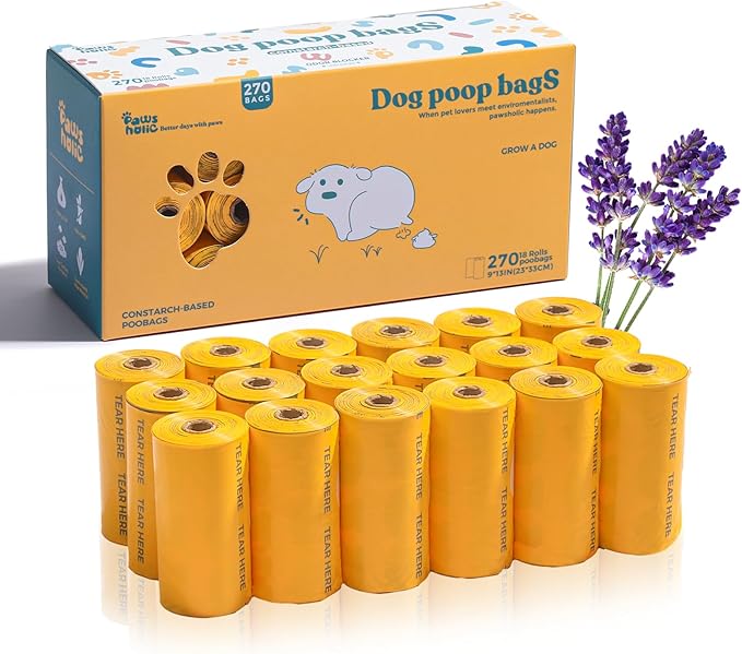 Dog Poop Bags Rolls Guaranteed Leak Proof and Extra thick Poop Bags for Dogs,270 Count 18 Rolls,Lavender Scented,Cornstarch Based Doggie Poop Bag for Puppy and Big Dogs