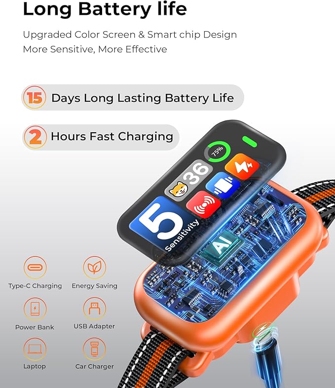 Dog Bark Collar, 1 Second Stop Barking, Smart Humane Training Collar with Beep Vibration & Shock, Rechargeable Ultra-Light, IP67 Waterproof, 5 Adjustable Sensitivity