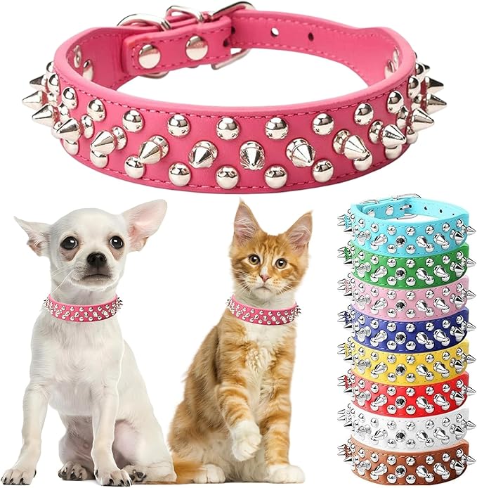 Hot Pink Small Spiked Dog Collar, Girl's Spike Puppy Collars Leather Mushrooms Rivet Female Studded Cat Collars Adjustable for Kitten XXS XS Medium Large Dogs, S