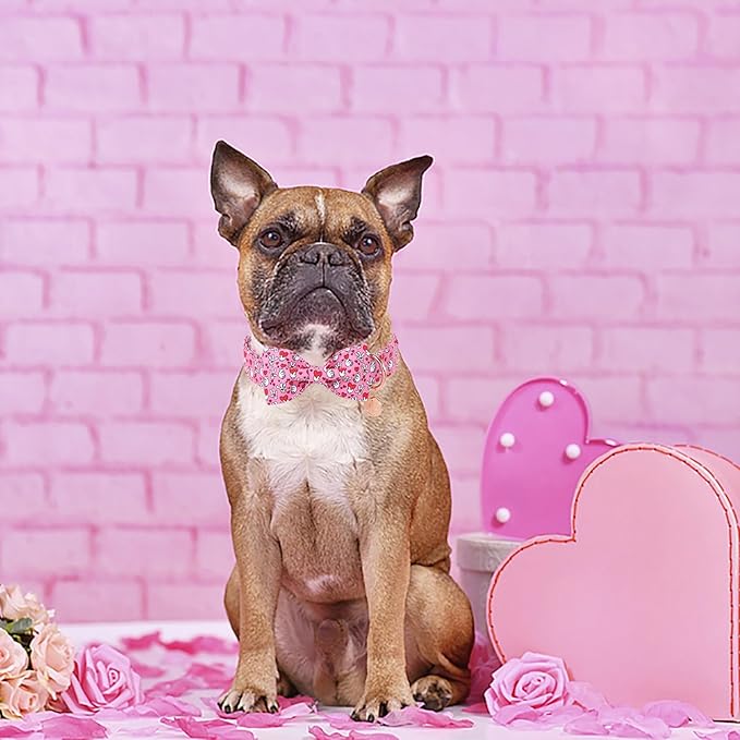 DOGWONG Valentine Dog Collar with Bow, Pink Heart Dog Collar Durable Soft Cotton Pet Dog Collar Cute Heart Valentines Day Puppy Necklace for Small Medium Large Dog
