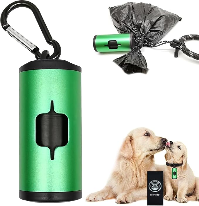 Aluminum Dog Poop Bags Holder with Carabiner Metal Pet Waste Bags Dispenser with Hook and Loop Fastener and Elastic Cord to Carry Used Bags (Emerald Green, 1 Holder 15 Bags)