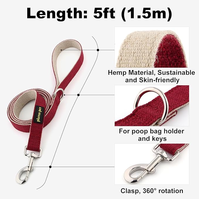 Plutus Pet Cotton Hemp Dog Collar and Leash Set, Adjustable Collar for Small, Medium, and Large Dogs, Heavy Duty and Soft on Skin, Red, XL