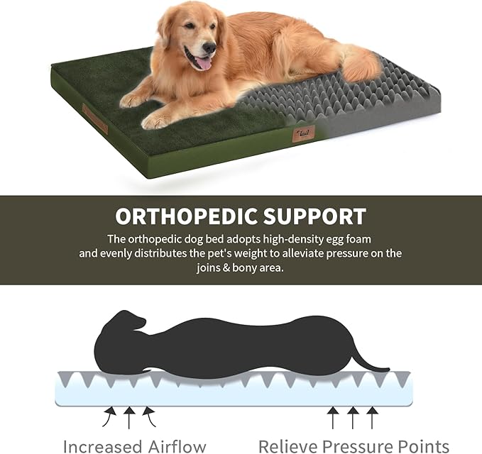 Orthopedic Dog Crate Bed for Extra Large Dogs, XXL Waterproof Comfort Pet Bed with Egg Crate Foam 47x29 Inch, Removable Oxford Cover, Olive Green
