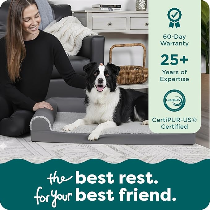 FurHaven Cooling Gel Dog Bed for Medium & Large Dogs, L-Shaped Chaise with Cool Gel-Top Foam with a Solid Orthopedic Foam Base for Joint Support, Washable Cover, Large, Plush & Suede, Stone Gray