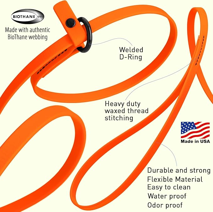 Dogline Biothane Slip Dog Leash - for Small, Medium and Large Dogs - Odor Free Slip Lead, Heavy Duty and Durable Material Kennel Lead - Hunter Orange - 7ft L x 1/2in W