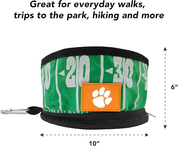 Pets First NCAA Clemson Tigers Collapsible Dog Travel Bowl, Food and Water Bowl for Dogs & Cats. Lightweight Leak-Proof Pet Bowl for Travel with Football Field & Pebble-Grain Design