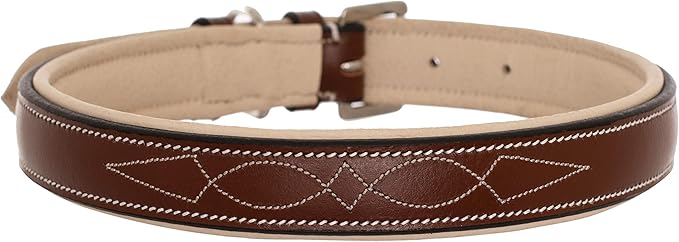 Exion Geniun Leather Dog Collar Designer Stitched Soft Leather Padded- Suitable for Small Medium Large X-Large Dogs for Walking Running- Oak Brown with Beige Padding