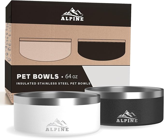 ALPINE Set of 2 Stainless Steel Dog Bowls, Non Slip, Metal Pet Bowl for Food and Water, Double Walled Insulated, Rustproof, Dishwasher Safe (64 oz, Black/White)
