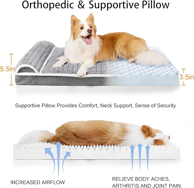 Orthopedic Jumbo Dog Bed Large Sized Dog with Pillow 56''X40'' Waterproof Soft Comfortable Egg Crate Foam Pet Crate Beds Mat with Removable Washable Cover and Non-Slip Bottom, Gray