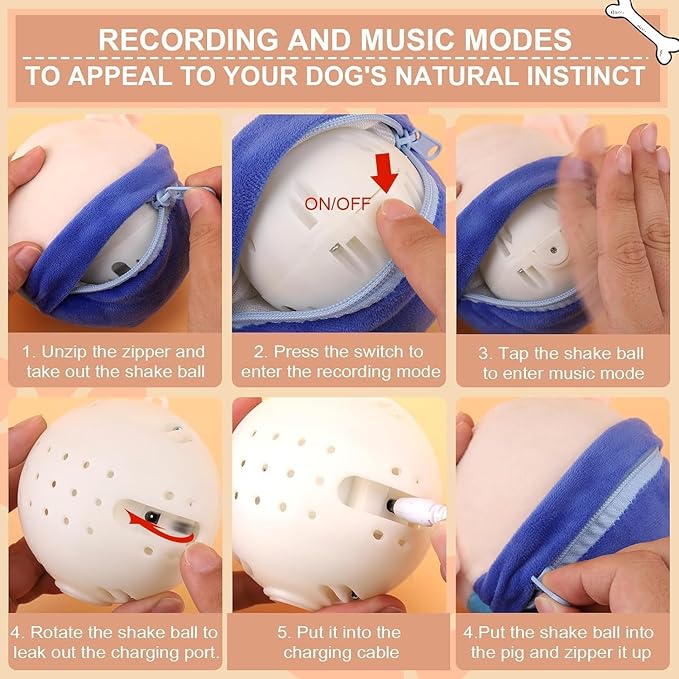 Active Moving Pet Plush Toy, Interactive Dog Toys Pet Bouncing Balls, USB Rechargeable Interactive Washable Cartoon Pig Plush Sound Electronic Dog Toy, Small Cute Squeaky Pig Dog Toy (Blue)