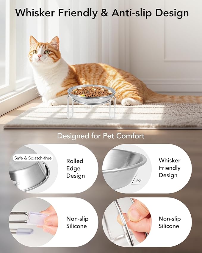 Elevated cat Bowl, Raised Stainless Steel Cat Food and Water Dishes, Small Dog Bowl, Whisker Friendly, Anti-Vomiting, Neck Stress-Free, Non-Slip Stainless Steel Stand with 3 Legs- 2Pack