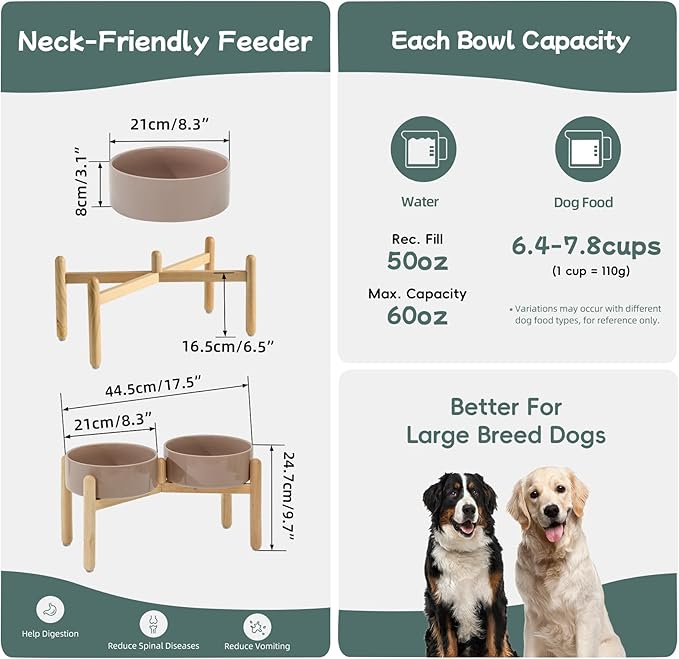 Ceramic 8.2inch Raised Dog Bowl with Stand for Large- Breed Dogs, Pet Food and Water Feeder (Double Bowl with Stand - Brown Coffee)