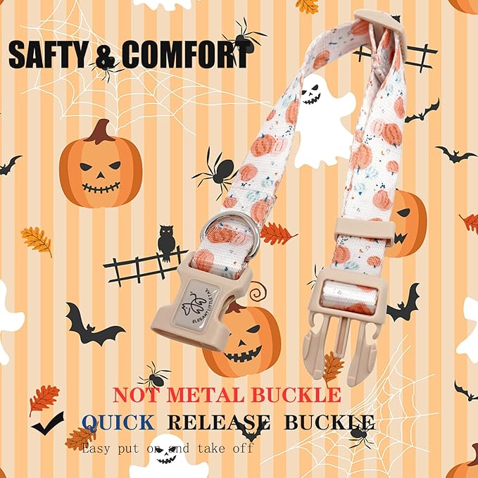 Elegant little tail Dog Collar with Leash, Pumpkin Print Pet Collar Leash Adjustable Collar for Small Medium Large Dogs Soft Puppy Collars with Quick Release Buckle Girl Boy Dog Collars