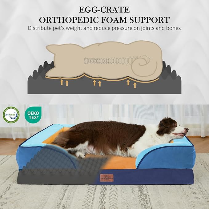 Comfort Expression Orthopedic Dog Bed for Extra Large Dogs 45x35 Inch, Waterproof Egg Crate Foam XL Pet Bed with Removable Bolsters, Dog Couch with Washable Cover & Non-Slip Bottom, Golden Harbor