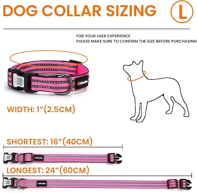 Reflective Dog Collar with QR Code Tag, Personalized Dog Collar, Safety Night Visibility, Anti-Loss Function (Rose Red, Large)