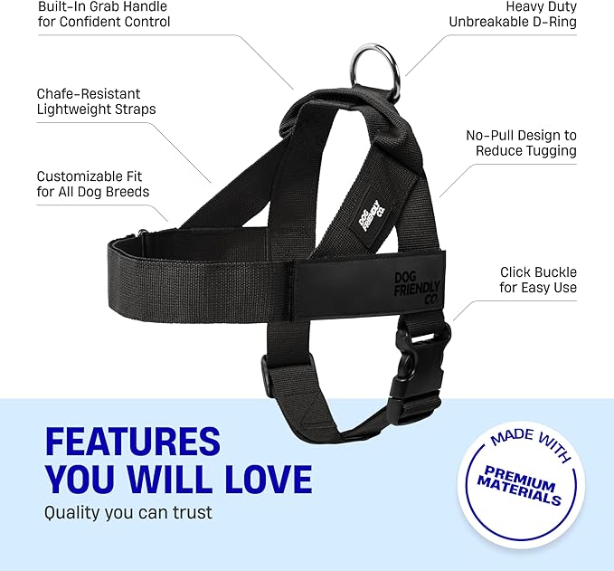 DF Co. Dog Harness | Chafe Resistant Webbing, Adjustable Neck & Chest, and Heavy Duty D-Ring | Sturdy, Comfortable, Easy to Use | Black, Size XL