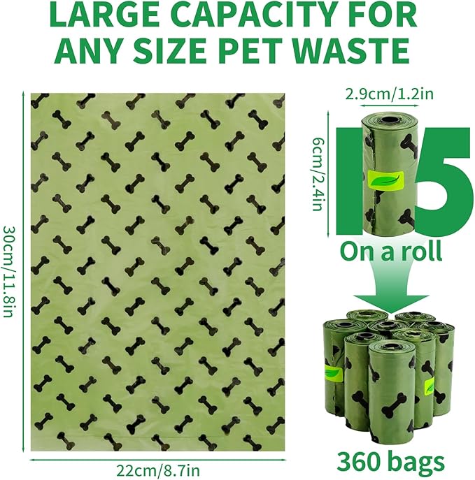 Zoyiancy 360 Count Dog Poop Bags Rolls, Leak Proof Waste Bags and Bone-Shaped Dog Poop Bag Refill Rolls, Thick Strong Lavender Scented Trash Bag for Doggie Cat Pet (Green)