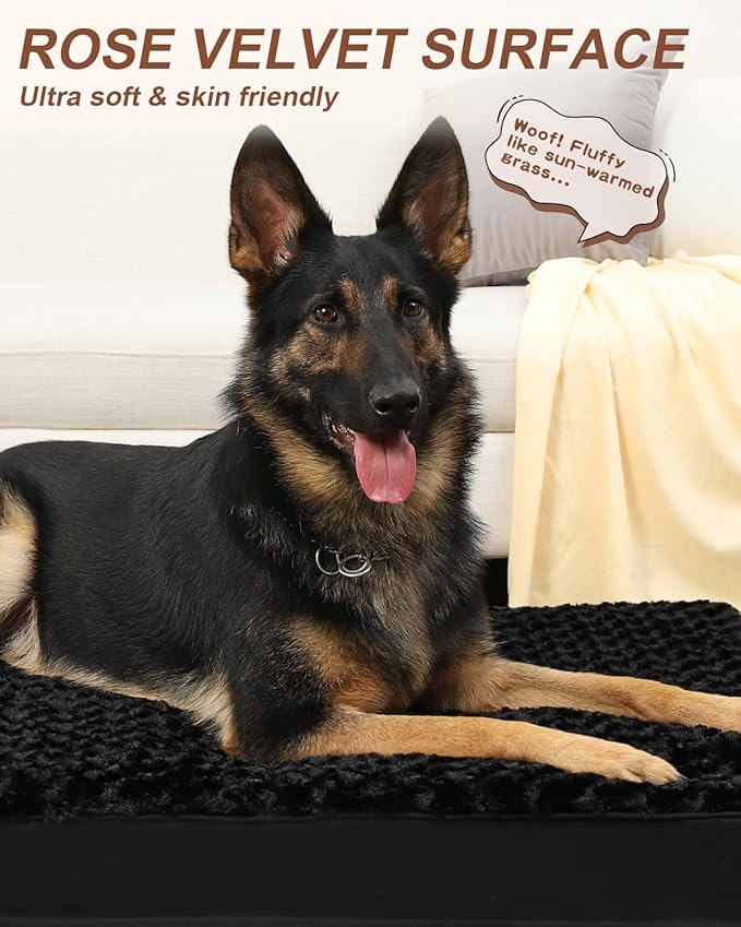 KSIIA Dog Crate Bed Waterproof Extra Large Dog Bed Soft Rose Velvet Supportive Kennel Pad Egg Crate Foam with Removable Washable Cover & Non-Slip Bottom, 47 x 29 Inch, Black