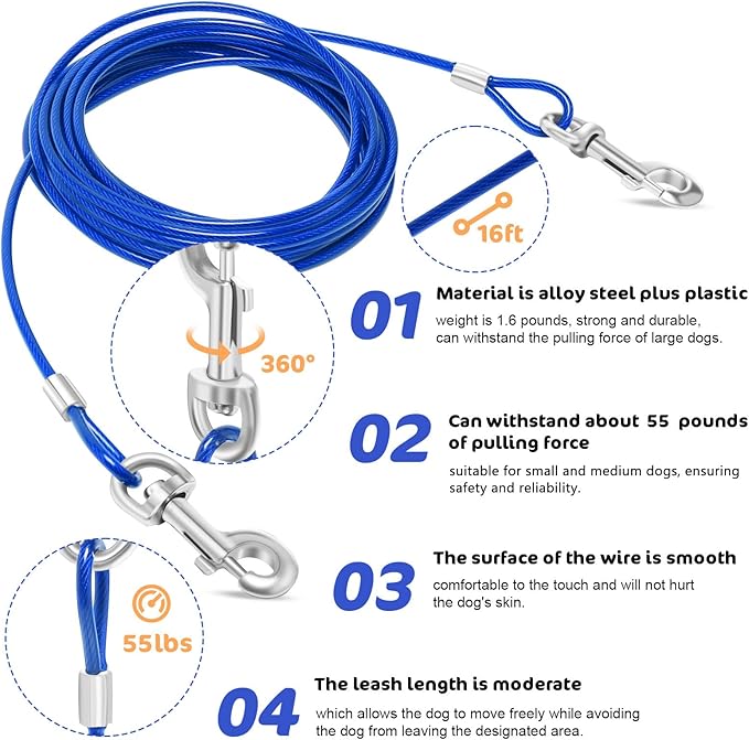 Dog Tie Out Cable and Stake, 40FT Outdoor Dog Leash for Yard Training, Running, Hiking,Camping,with 16 Inch Heavy Duty Dog Anchor Spiral Stake for Small to Medium Dogs(Blue)