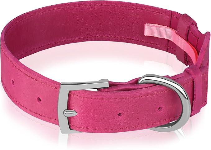 Leather Dog Collar with Airtag Holder - Apple Air Tag Dog Collars - Soft Tracking GPS Pet Collar for Small Medium Large Dogs Breed Puppy (Pink, XL, 19"-24" Neck Fit)