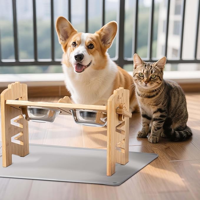 Lavievert Elevated Dog Bowls Stand with 6 Height Adjustable & Splash-Proof Mat - 2 Thick Stainless Steel Pet Food Bowls for Medium/Small Dogs - Raised Dogs & Cats Feeder with Waterproof Base