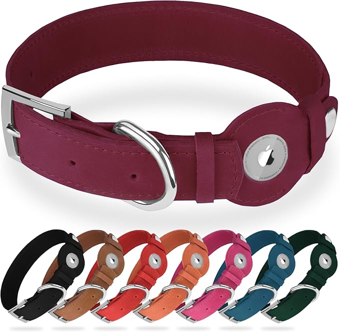 Leather Dog Collar with Airtag Holder - Apple Air Tag Dog Collars - Soft Tracking GPS Pet Collar for Small Medium Large Dogs Breed Puppy (Burgundy, L, 15"-19" Neck Fit)