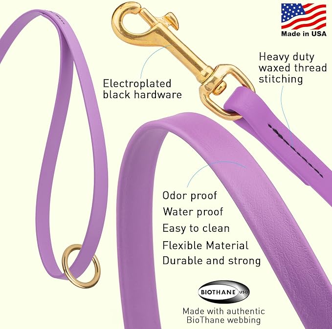 Viper Biothane K9 Working Dog Leash Waterproof Lead for Tracking Training Schutzhund Odor-Proof Long Line with Solid Brass Snap for Puppy Medium and Large Dogs 6ft, Amethyst Purple