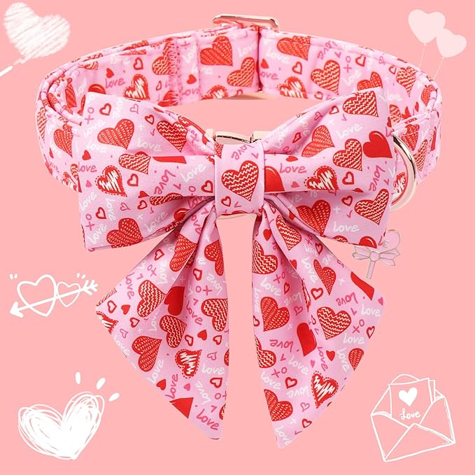 DOGWONG Valentine's Day Dog Collar with Bow Tie - Adorable Pet Collar Red Hearts with Rose Gold Buckle for Large Medium Small Dog Walking, M