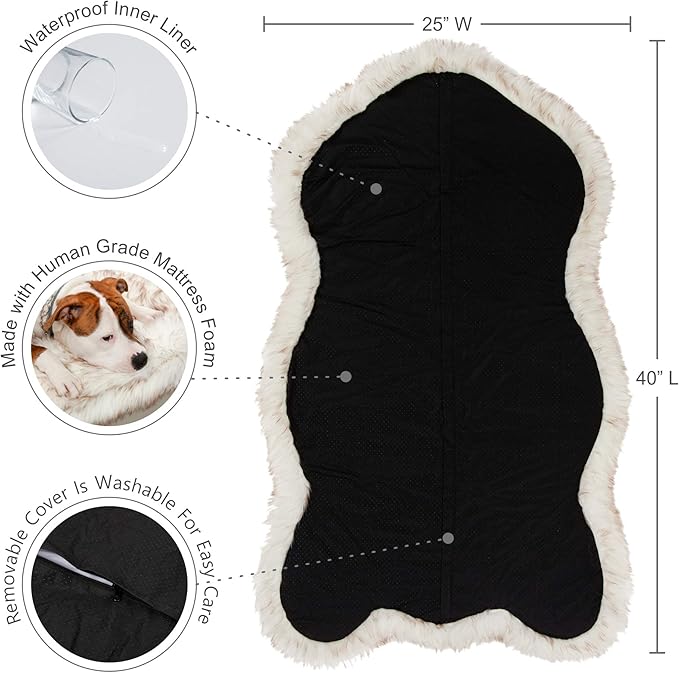 IHAPPYDOG Luxury Faux Fur Orthopedic Dog Bed, Memory Foam Dog Bed for Small, Medium, Large and XL Pets, Fluffy Pet Rug with Waterproof and Washable Cover (White w/Brown Tips, 40"x25")