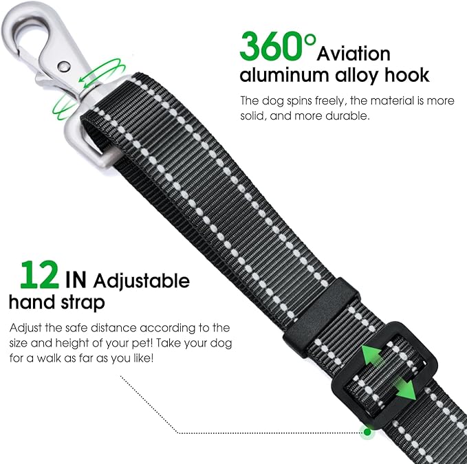 Hands-Free Dog Leash, Heavy Duty No-Pull Training Lead w/Anti-Tangle, Double Padded Traffic Handles Adjustable 5-5.6FT & Reflective Thread for Medium Large Dogs for Running/Walking Black